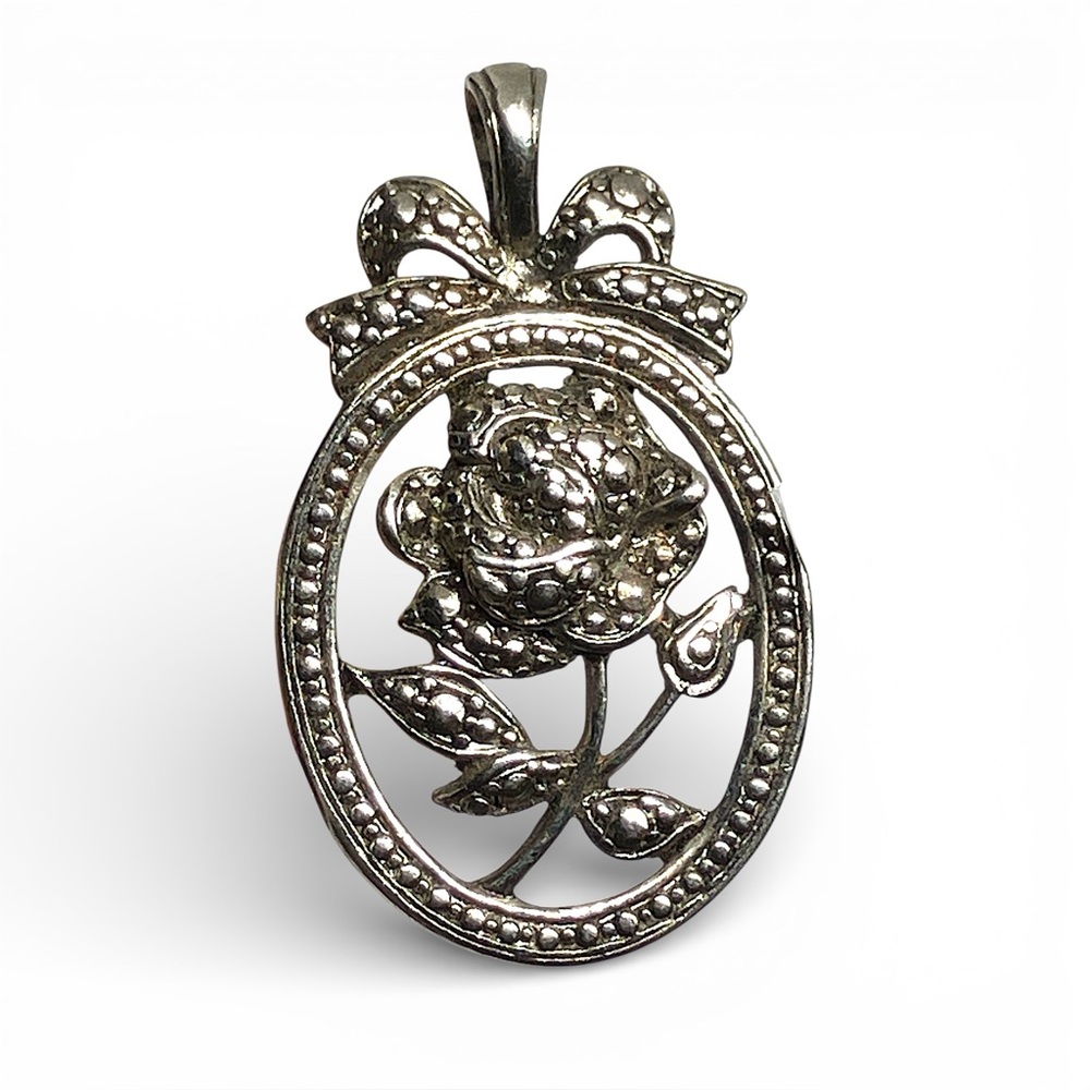 Vintage Silver Tone Rose w Bow Pendant engraved “Love You Mother” Gift for Mom